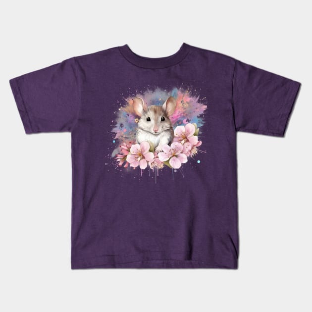 Cute Little Mouse Surrounded By Flowers Kids T-Shirt by Fresan